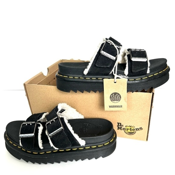 NWT Dr. Martens Myles black leather two-buckle sandals slide fur fleece NIB sz 6 - Picture 1 of 15